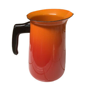 Vintage Enamelware Pitcher Red Orange Metal Half Gallon Enamel Decor 915A